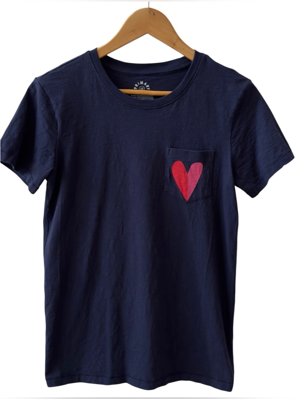 Primary Short Sleeve Navy Blue Heart Cotton Graphic Pocket Tee T-Shirt. XS.